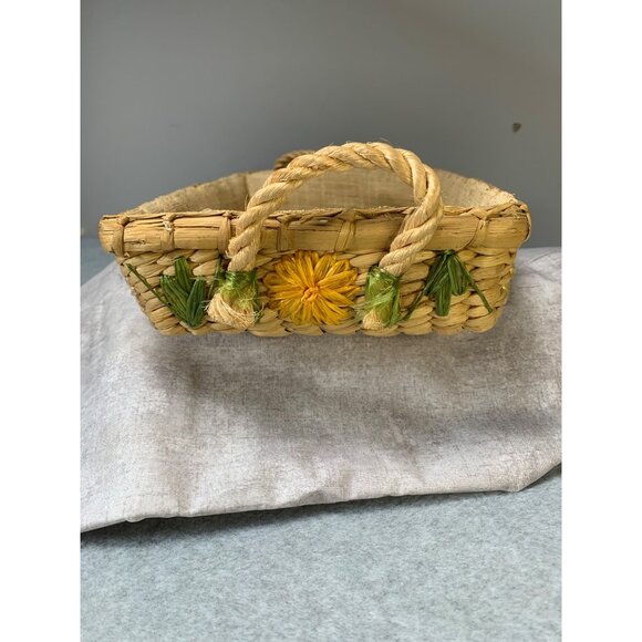 Vintage Handwoven Rattan Storage Basket With Floral Embellishments Handles 11x7 - Picture 2 of 11